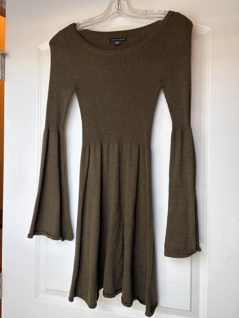 American Eagle Outfitters Women’s Olive Ribbed Bell-Sleeve Knit Dress